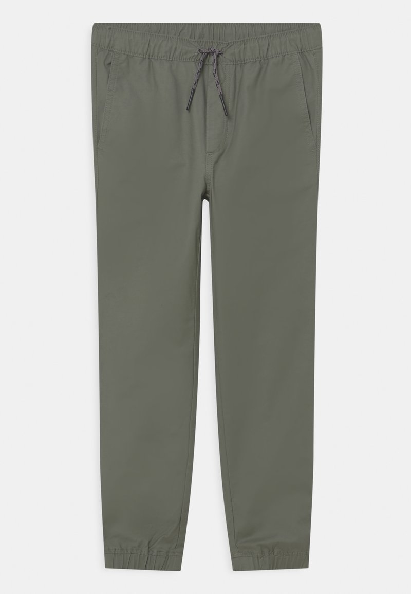 Pantalon décontracté vert olive avec taille à cordon, poches latérales et poignets élastiques, posé à plat sur fond blanc.