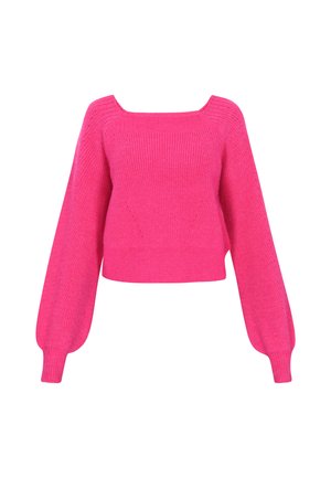 Maglione lavorato a maglia fucsia con scollatura quadrata, maniche a palloncino lunghe e design corto. Costine testurizzate lungo il corpo e le maniche.