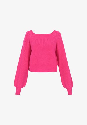 Fuchsia strikket sweater med firkantet udskæring, lange puffærmer og cropped design. Tekstureret ribning langs kroppen og ærmerne.