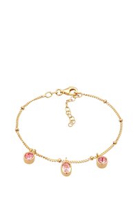 Gul kedja armband med tre ovala rosa ädelstenar. Har små pärlaccent och en kräftklämma, med justerbar längd.