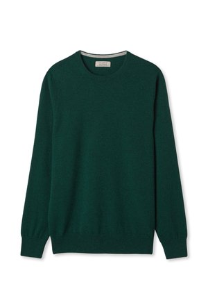 Zielony wełniany sweter z długimi rękawami i okrągłym dekoltem. Posiada ściągacze u dołu i na rękawach, co zapewnia gładką fakturę i klasyczne dopasowanie.