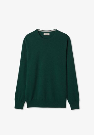 Zielony wełniany sweter z długimi rękawami i okrągłym dekoltem. Posiada ściągacze u dołu i na rękawach, co zapewnia gładką fakturę i klasyczne dopasowanie.