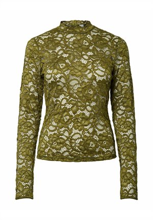 Olivengrøn blonderbluse med lange ærmer, høj hals, blomstermønster og gennemsigtig tekstur. Har en tætsiddende silhuet og detaljeret blondarbejde.