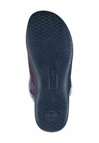 Burgundy slipper with a black rubber sole, textured pattern for grip, and a soft, white fur lining along the opening. Ideal for indoor use.