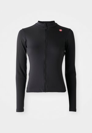 Schwarze, langärmelige, taillierte Jacke mit Frontreißverschluss und kleinem roten, runden Logo auf der oberen linken Brust, auf weißem Hintergrund präsentiert.