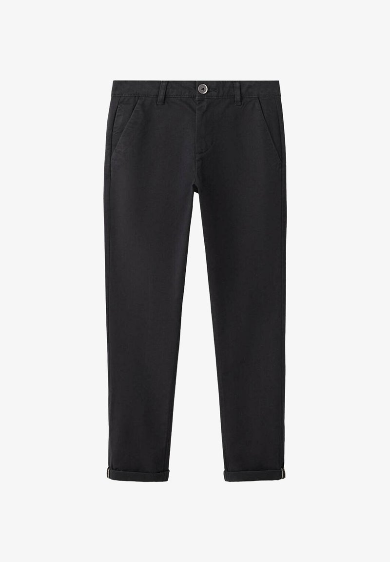 Pantalon noir droit avec poches latérales, passants de ceinture, fermeture par boutons et revers roulés, présenté sur fond blanc.