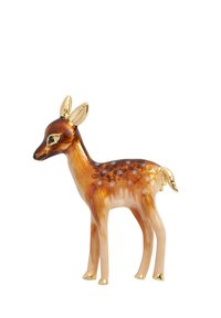 Glass deer figurine with amber and brown swirls, gold accents on ears and hooves, spotted texture, and a sleek, elongated shape.