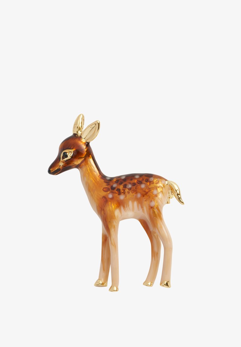 Glass deer figurine with amber and brown swirls, gold accents on ears and hooves, spotted texture, and a sleek, elongated shape.