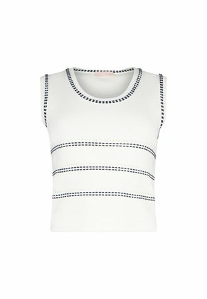 Haut en maille blanc sans manches avec col rond et bordure cousue bleu marine aux extrémités, ainsi que trois bandes horizontales cousues bleu marine sur le devant.