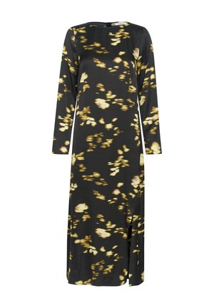 Črna obleka iz gladkega materiala, z cvetličnim vzorcem v rumeni in roza barvi, dolgo z dolgimi rokavi, okroglo izrezom in stranskim razporkom.