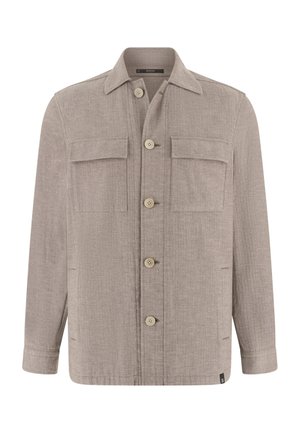 Veste-chemise beige à manches longues avec col pointu, fermeture à boutons sur le devant, deux poches à rabat sur la poitrine et manches avec poignets.