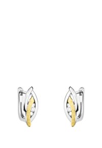 Söljöhuvuden i silver med en sammanflätad design och en guldkant samt en klar sten i mitten, polerad yta och modern form.