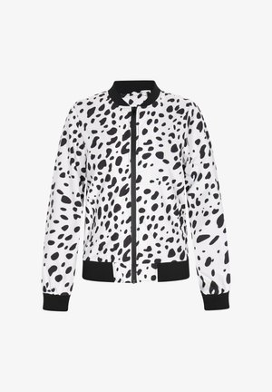 Veste bomber noir et blanc avec un motif à pois, fermeture éclair, col et poignets côtelés, à coupe décontractée et texture lisse.