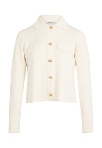 Cardigan de couleur crème avec un col, des manches longues, deux poches plaquées et des boutons dorés sur le devant. Tissu doux et texturé.