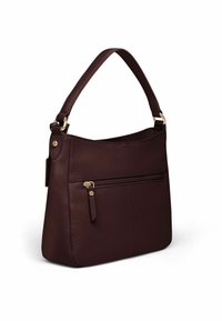 Borsa a spalla in pelle borgogna con finitura testurizzata, caratterizzata da una tasca con zip color oro e una tracolla regolabile.