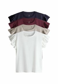 Sada piatich tričiek s krátkym rukávom v námorn�íckej modrej, burgundskej, taupe, bielej a béžovej farbe. Každé tričko má volánikové ramená a voľný strih.