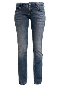 Jeans skinny in denim blu scuro, caratterizzati da un lavaggio sbiadito, cinque tasche e chiusura con zip e bottone. Texture liscia e taglio dritto.