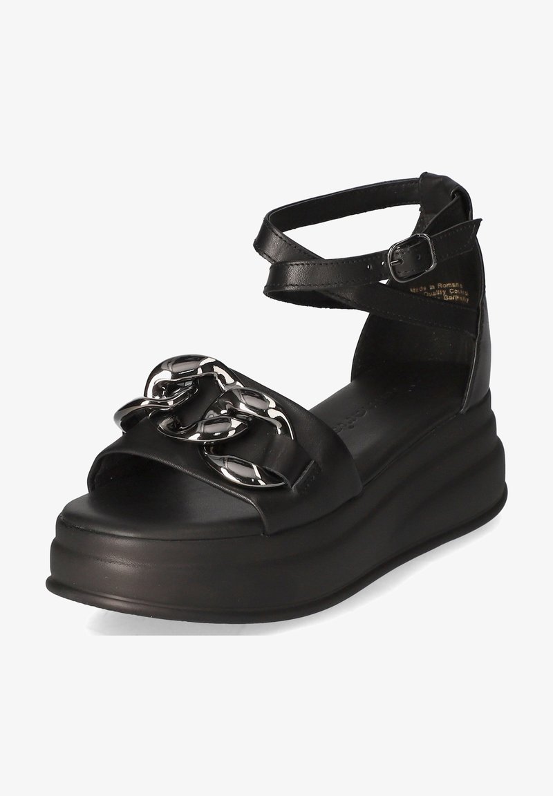 Svarta läderplattformssandaler med ett brett framband, silverkedjeaccent och justerbart vristband. Slät yta och rundad form.