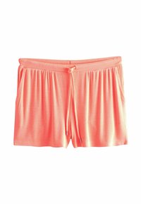 Korallfärgade ribbade shorts med elastisk linning, dragsko och sidfickor. Mjuk textur med avslappnad passform, lämpliga för avslappnad användning.