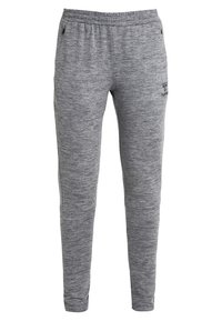 Pantalones de chándal grises fabricados con una tela texturizada, que cuentan con una cinturilla elástica y bolsillos laterales. Incluye un pequeño logo en la parte inferior de la pierna.