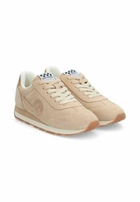 Beige suede sneakers with a rounded toe, cream laces, and a rubber sole. Features a small logo and contrasting stitching.