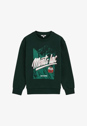 Green sweatshirt with long sleeves, a round neck, and a front graphic depicting mountains and text “Monte lac - Les Alpes” in white and red.