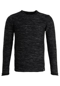 Pull noir à manches longues en maille avec un motif texturé. Encolure ronde et poignets côtelés. Tissu doux et léger avec une coupe décontractée.