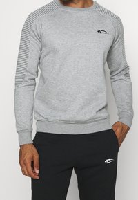 Felpa grigio chiaro con dettagli a righe nere sulle spalle, polsini e orlo a coste, con un piccolo logo nero sul petto.