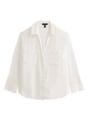 White, long-sleeve button-up shirt made of lightweight fabric. Features a classic collar, two chest pockets, and buttoned sleeve cuffs.