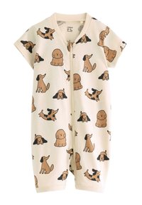 Beige short-sleeve onesie with a front zipper, featuring various cartoon dog designs in brown and black. Soft cotton material.