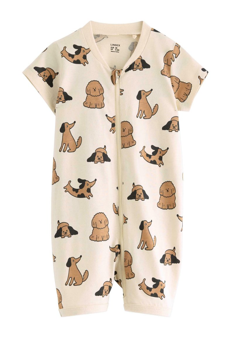 Beige short-sleeve onesie with a front zipper, featuring various cartoon dog designs in brown and black. Soft cotton material.