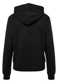 Svart hoodie med avslappnad passform, dragsko i huva och ribbade muddar och fåll. Slät textur utan synliga knäppningar eller mönster.