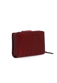 Red leather wallet with crocodile texture, zip closure, and contrasting black stitching. Compact rectangular shape with a top handle.