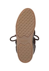 Brown boot with a textured rubber sole featuring wave patterns. Label reads "INIUKII" and size "38". Laces are visible at the top.