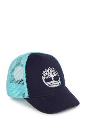 Casquette marine avec un dos en mesh turquoise, arborant un logo d'arbre blanc à l'avant. Le design est structuré avec une visière courbée et des accents de couture.