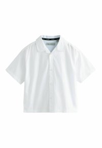 Camicetta a maniche corte, con bottoni, in cotone bianco, con colletto classico e dettagli del logo ricamati in modo sottile sul petto.