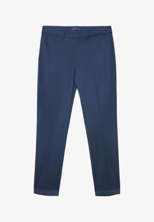 Pantalons ajustés bleu marine avec passants de ceinture, poches latérales et coupe slim, présentés sur un fond blanc.