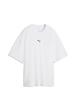 Hvid oversized T-shirt med korte ærmer og en lille sort Puma-logo centreret på brystet.