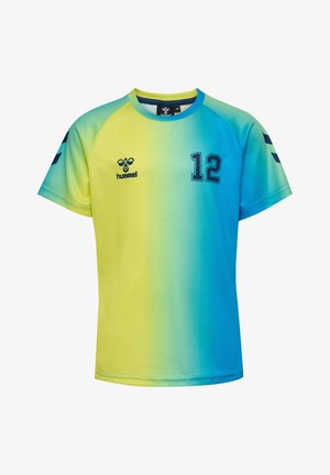 Kurzärmliges Sportshirt in einem Farbverlauf von Gelb zu Blau, mit rundem Ausschnitt, der Nummer "12" und schwarzen Akzenten an den Ärmeln und im Logo.