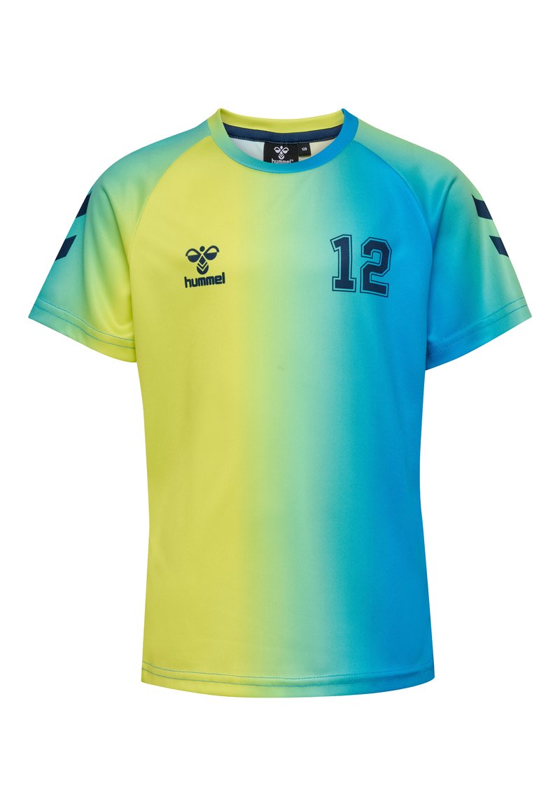 Kortærmet atletisk skjorte i gradient gul til blå, med rund halsudskæring, nummer "12" og sorte detaljer på ærmerne og logoet.