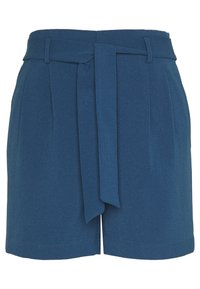 Modré šortky na míru s vázacím páskem, sklady vpředu a hladkým povrchem. Mají klasický střih a čisté zakončení na lemu.