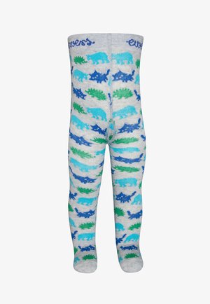Graue Strumpfhosen mit einem Dinosaurier-Muster in Blau- und Grüntönen, mit einer dezenten Textur und einem elastischen Bund oben.