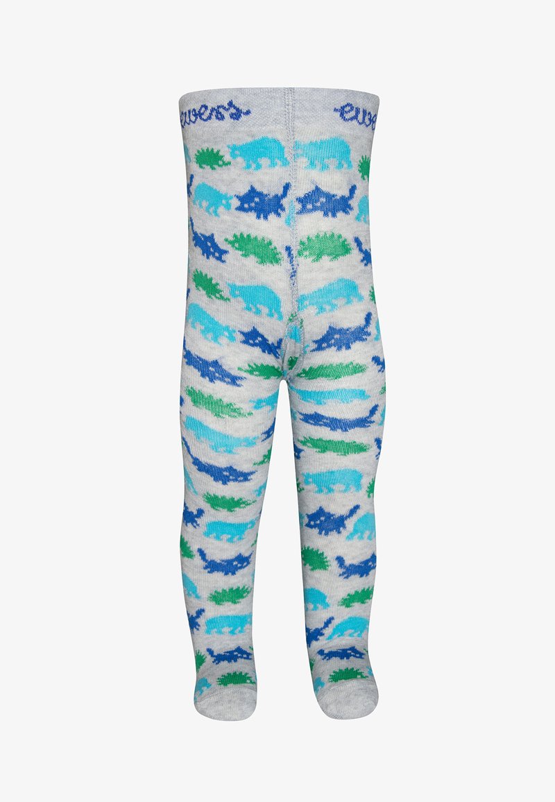 Gray tights featuring a dinosaur pattern in blue and green shades, with a subtle texture and elastic waistband at the top.