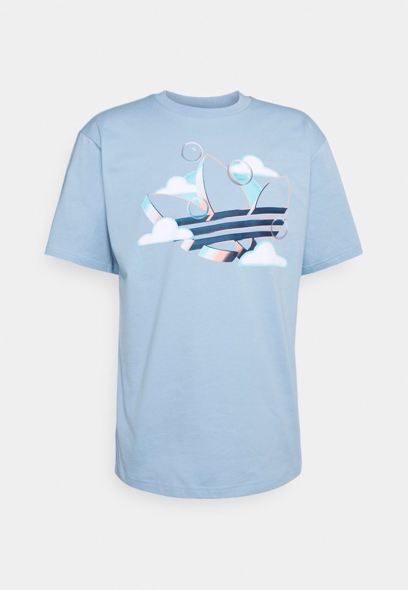 Light blue cotton t-shirt featuring a graphic design of layered clouds and bubbles with pastel-colored accents and a geometric pattern.