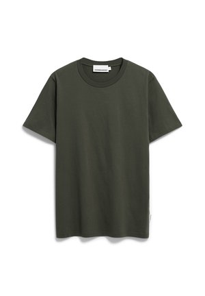 Dark green cotton T-shirt with a crew neck and short sleeves. Features a simple design and a label on the bottom left side.