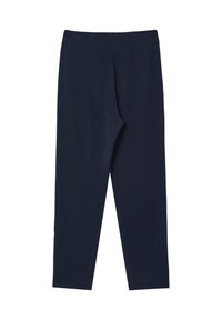 Pantalon bleu marine, à jambes droites, taille haute et sans fermetures visibles, présenté à plat sur un fond blanc.