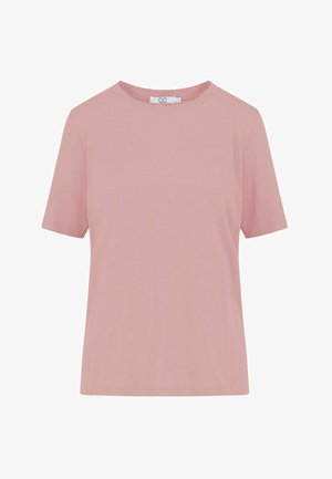 T-shirt rosa tenue a maniche corte con scollo a girocollo, design semplice e piccola etichetta del marchio all'interno del colletto.
