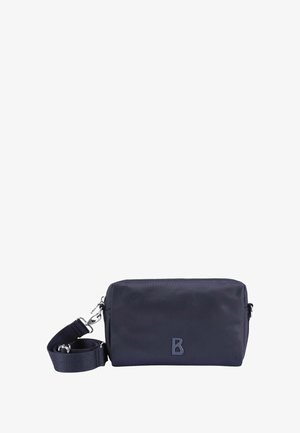 Borsa rettangolare blu navy in materiale testurizzato, con logo frontale, chiusura a zip e tracolla removibile.