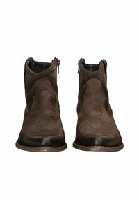 Brown suede ankle boots with a rounded toe, side zippers, and subtle textured pattern on the shaft. Flat rubber sole.