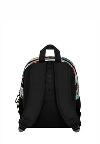 Mochila negra con detalles de malla, correas ajustables y un estampado novedoso que presenta diseños coloridos en la parte superior. Construcción resistente.